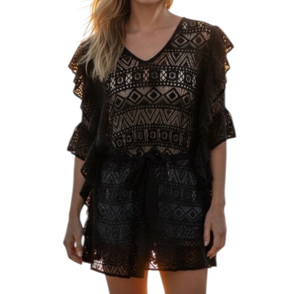 Boho Soul Black Lace Ruffle Waist Tie Coverup, NWT